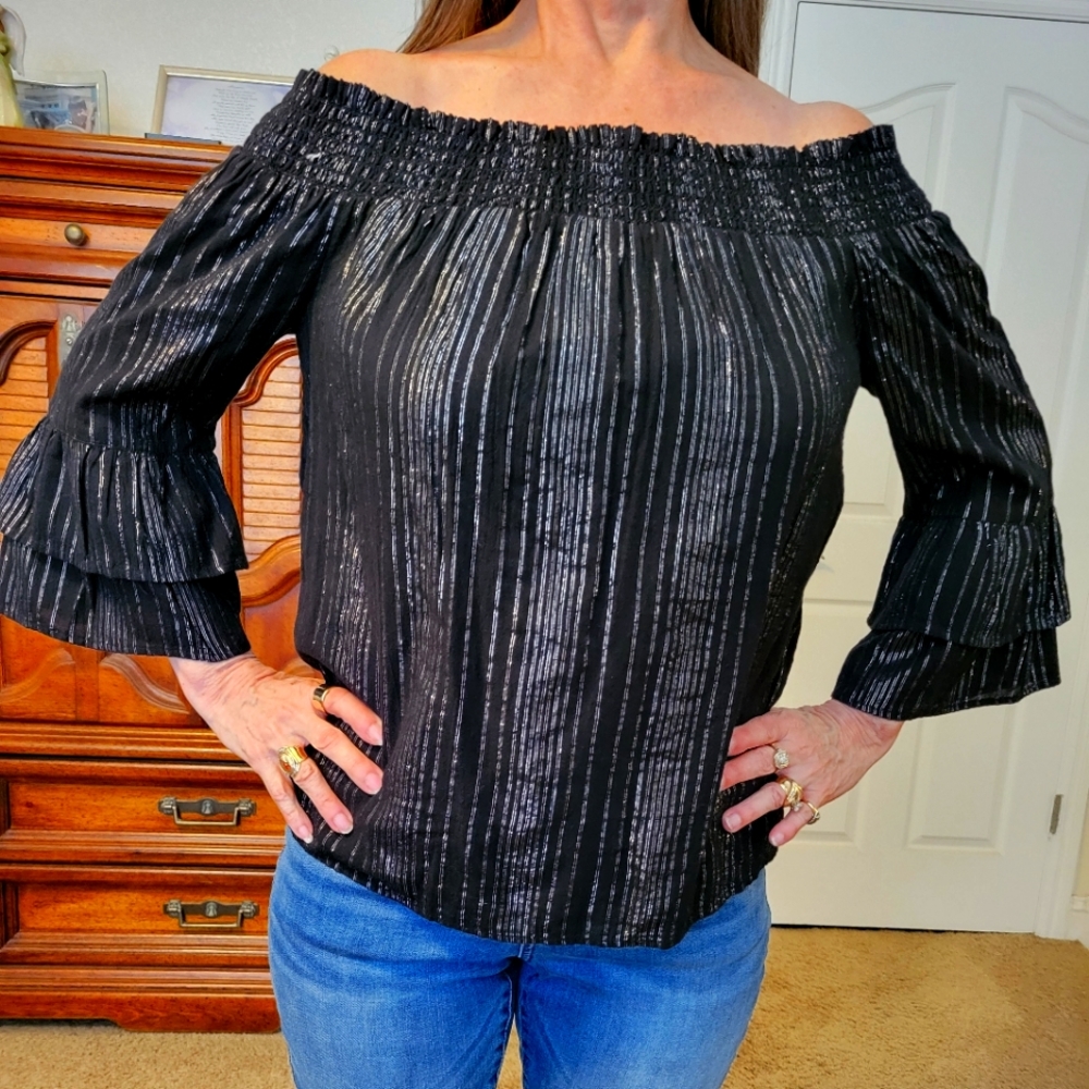 INC off the shoulders black with silver stripes, bell sleeves.